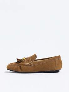 Women's Plus Size Vintage Suede Brown Square Toe Tassel Loafers, Slip-On Soft Sole Casual Daily Commute Comfortable Versatile Walking Shoes, Slouchy Shoes, Autumn/Winter New - Brown - View 2