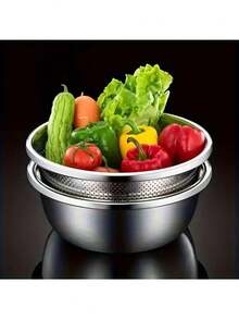 2pcs/24CM Diameter Extra Thick Large Capacity Stainless Steel Micro-Perforated Colander Set - Multi-Purpose Strainer And Mixing Bowl, For Washing Vegetables, Fruits, Rice And Draining Pasta, Dishwasher And Rust-Proof - One Size - View 7