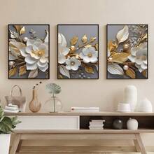 3pcs/Set Painting, White And Gold Flower Design, High Quality Printing, Canvas Poster, Home Decor, Gift, Unframed - Floral - View 1