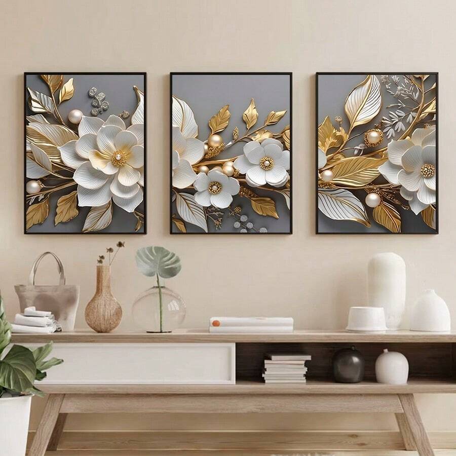 3pcs/Set Painting, White And Gold Flower Design, High Quality Printing, Canvas Poster, Home Decor, Gift, Unframed - Floral - View 1