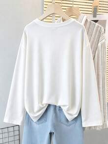 Women's Plus Size Halloween V-Neck Long Sleeve T-Shirt, Ghost And Cat Graphic Print, Knitted Fabric Regular Hem, Autumn Street Style Top - White - View 2
