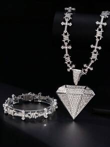 Iced Out Thorn Cross Chain Necklace & Bracelet Set, Full Rhinestone Diamond Shape Pendant Hip Hop Jewelry Set For Men,Party Club Daily Wear - Hip Hop Cross Thorn Set - View 1