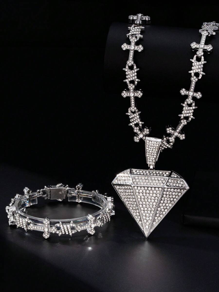 Iced Out Thorn Cross Chain Necklace & Bracelet Set, Full Rhinestone Diamond Shape Pendant Hip Hop Jewelry Set For Men,Party Club Daily Wear - Hip Hop Cross Thorn Set - View 1