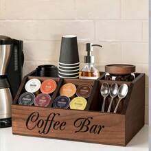 1pc 5-Compartment Wooden Coffee Bar Organizer, Vintage Country Style Countertop Storage Box, Suitable For Coffee Capsules, Coffee Cups, Spoons And Accessories, Farmhouse Style Kitchen Coffee Station Decor - Multicolor - View 6