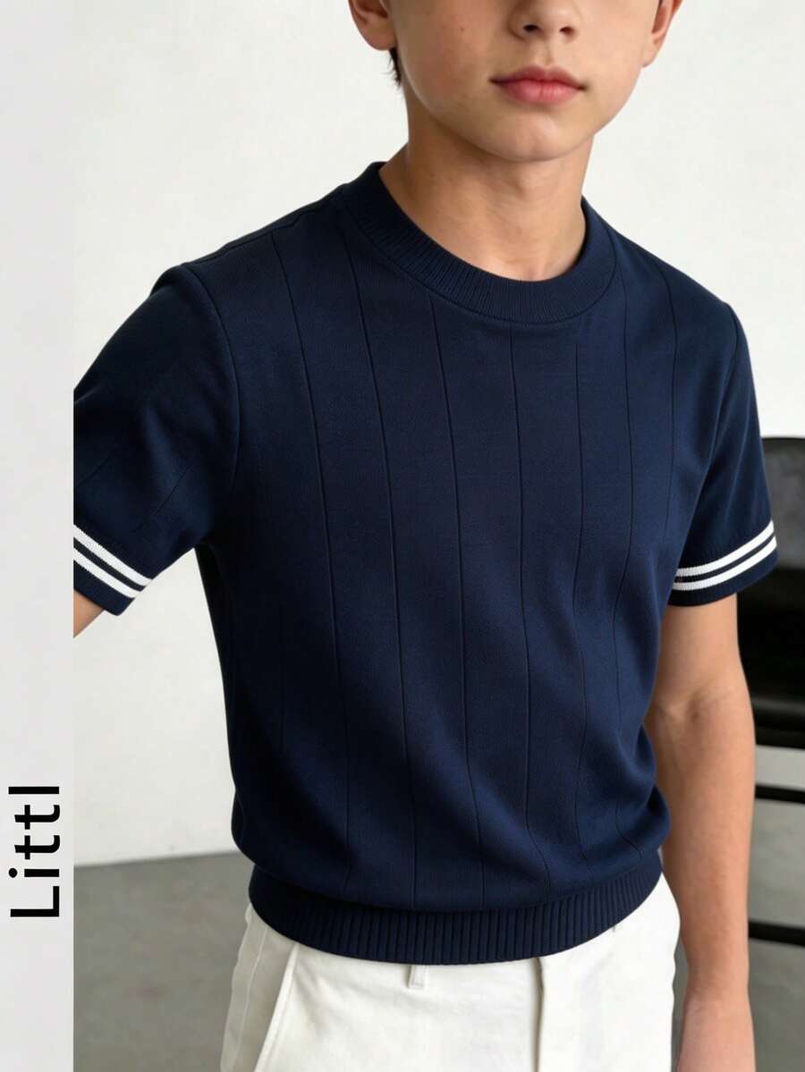Boys Vertical Striped Knit Short Sleeve Top, White Striped Cuffs, Round Neck, Preppy Style Knit T-Shirt, Children Casual Summer Basic Shirt - Navy Blue - View 1
