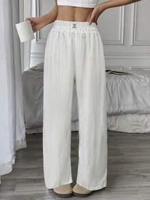 1pc Women's Elastic Waist Wide Leg Long Pants Loungewear - White - View 1