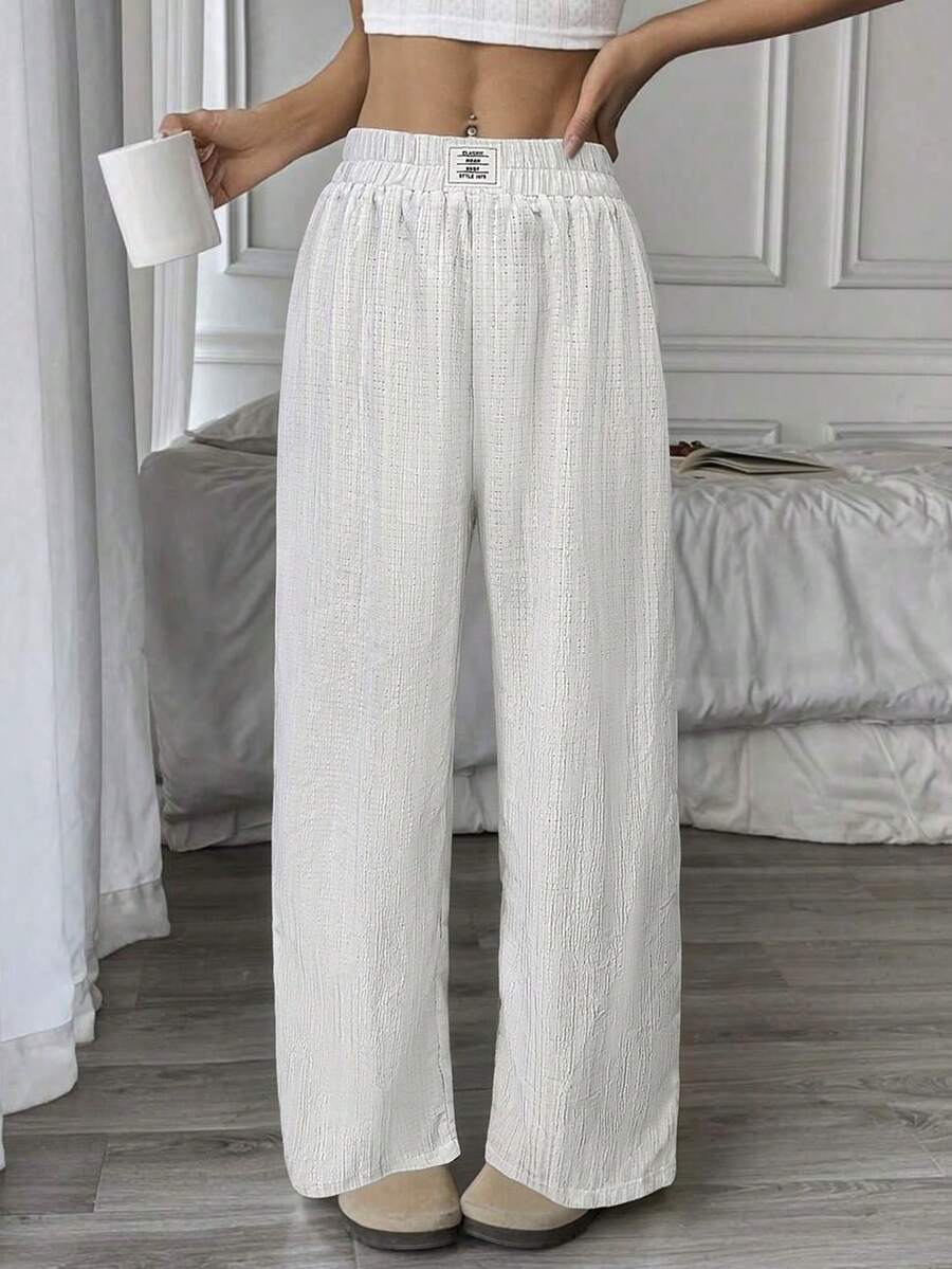 1pc Women's Elastic Waist Wide Leg Long Pants Loungewear - White - View 1