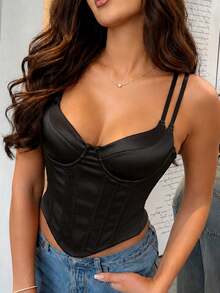 Apperloth A Elegant Black Satin Corset Tops Double Spaghetti Strap Boned Bustier Shapewear Tie Backless Crop Cami Tank Top For Women Going Out Rave Party Summer - Black - View 3