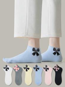 ZUJO 6 Pairs Women's Short Socks, Large Bow Print Pattern, Simple And Comfortable, Suitable For All Seasons, French Country Style, Random Color - Multicolor - View 2