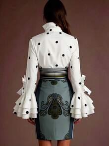 Women's Elegant Vintage Polka Dot Stand Collar Bow Cuff Multi-Layer Ruffle Bell Sleeve Long Sleeve Blouse - White - View 2