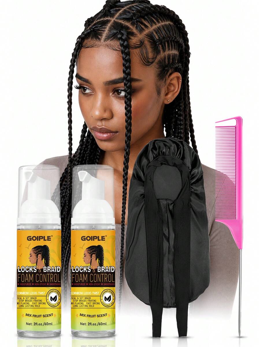 Goiple 2 Fl Oz Braid Styling Mousse - Long-Lasting Hold, Moisturizing & Shiny, Smooth Frizz, Suitable For Braids, Locks, Twists, Curls, Set Includes Tail Comb & Braid Bonnet