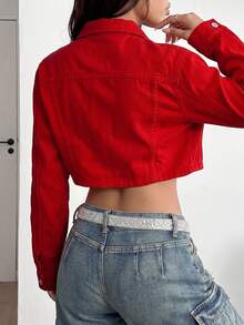 Women's Red Cropped Denim Jacket Vintage Style Long Sleeve Bomber With Collar Casual Fall Outerwear - Red - View 5
