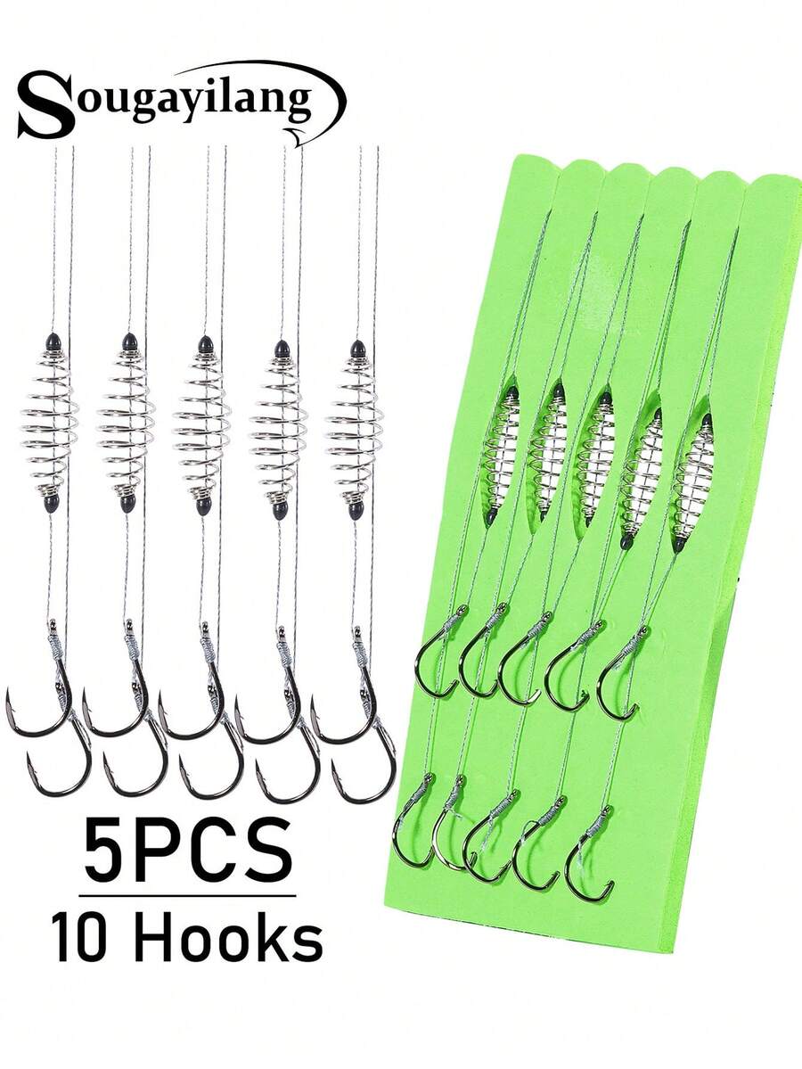 SOUGAYILANG 5pcs/Pack Silver Carp Big Head Carp Spring Double Hook Fishing Spring Hook Line Set Silver Carp Hook Finished Rig Double Hook - Silver - View 1