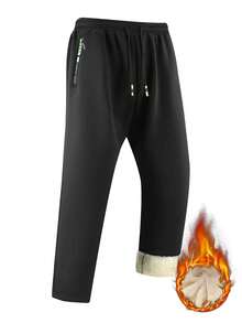 Men's Velvet Lined Straight Leg Sweatpants, Elastic Drawstring Waist With Zipper Pockets, Winter Warm Casual Pants - Black - View 3