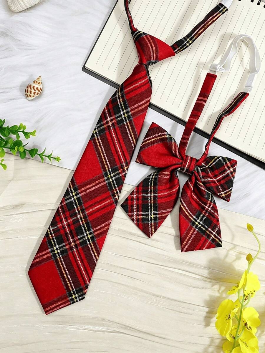 1 Set Classic School Uniform Hawthorn Red Plaid Collar & Bow Tie Combination - Hawthorn Red Plaid - View 1