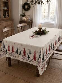 1pc Cream Winter Forest Tablecloth, Minimalist Polyester Rectangular Tablecloth With Reindeer Silhouette, Snowflake, Tree And Moon Pattern, Suitable For Kitchen Decor, Home Decor, Room Decor, Christmas Home Decor And Classroom Decor - Multicolor - View 5