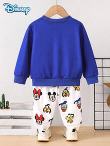 Disney 2-Piece Set Autumn/Winter Mickey & Donald Duck Cute Long Sleeve Sweatshirt And Solid Color Pants Outfit, Cartoon Pattern, Slightly Elastic, Suitable For Baby Newborn Daily Wear, Great Gift - Blue - View 2