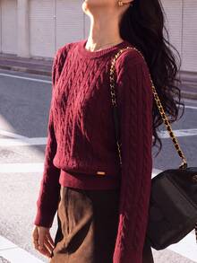 Women's Casual Minimalist Vintage Cable Knit Crew Neck Pullover Sweater, Autumn/Winter - Purplish-red - View 4