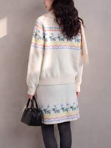 Set Kardigan dan Rok Motif Rusa Fair Isle Vintage untuk Wanita, dengan Resleting, Pakaian Musim Dingin yang Hangat - Krem - View 2
