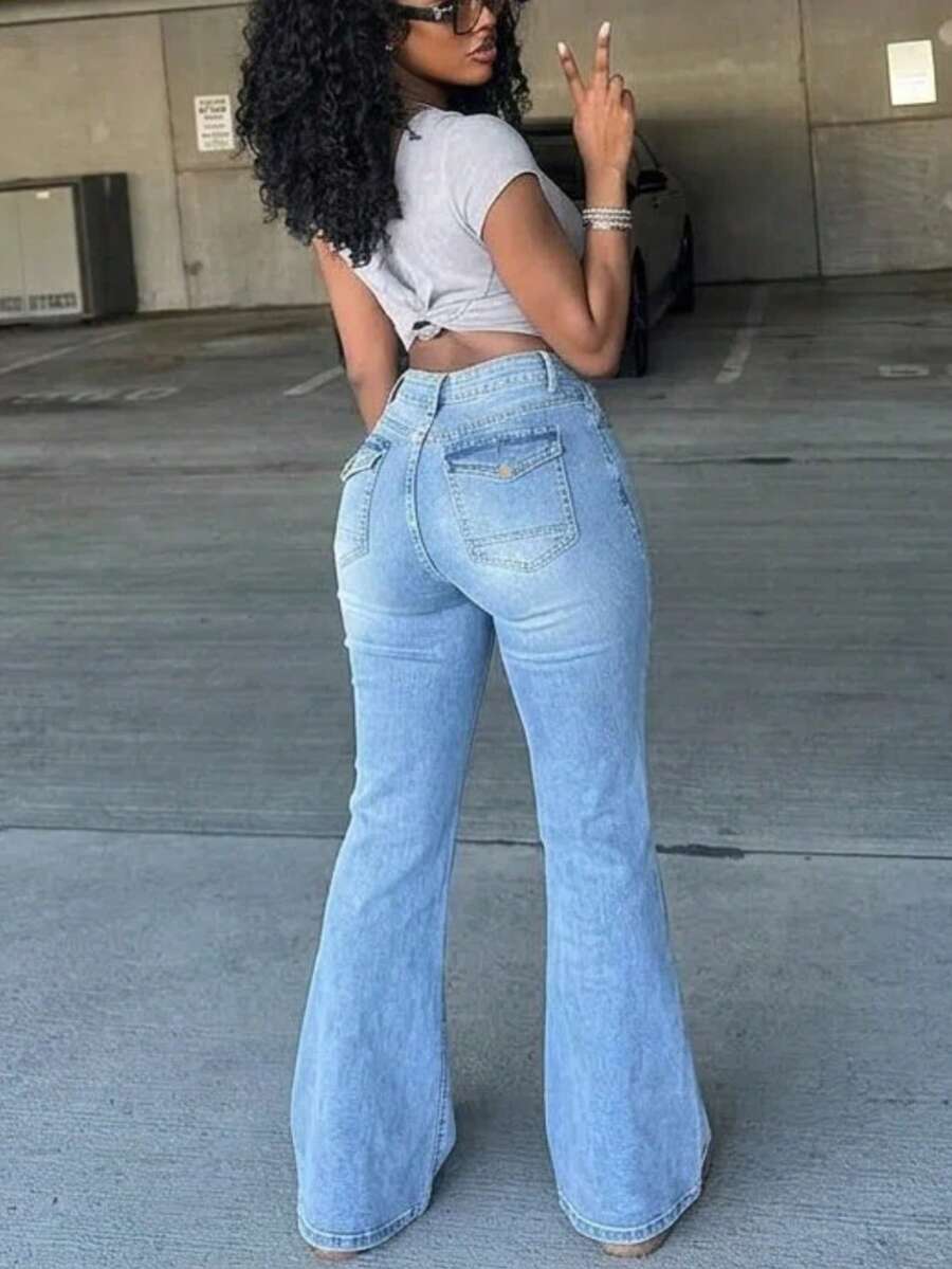 Women's Vintage Washed Denim Flare Leg Pants, Elegant Versatile Moderate Stretch Bottoms Casual - Blue - View 1