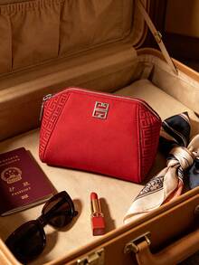 Red Zipper Cosmetic Pouch, Silver‑Tone 4G Metal Logo Makeup Bag, Embossed Geometric Side Panel Travel Storage Pouch Luxury Beauty Gift For Women GIVENCHY‑GIFT‑13 - Red - View 9