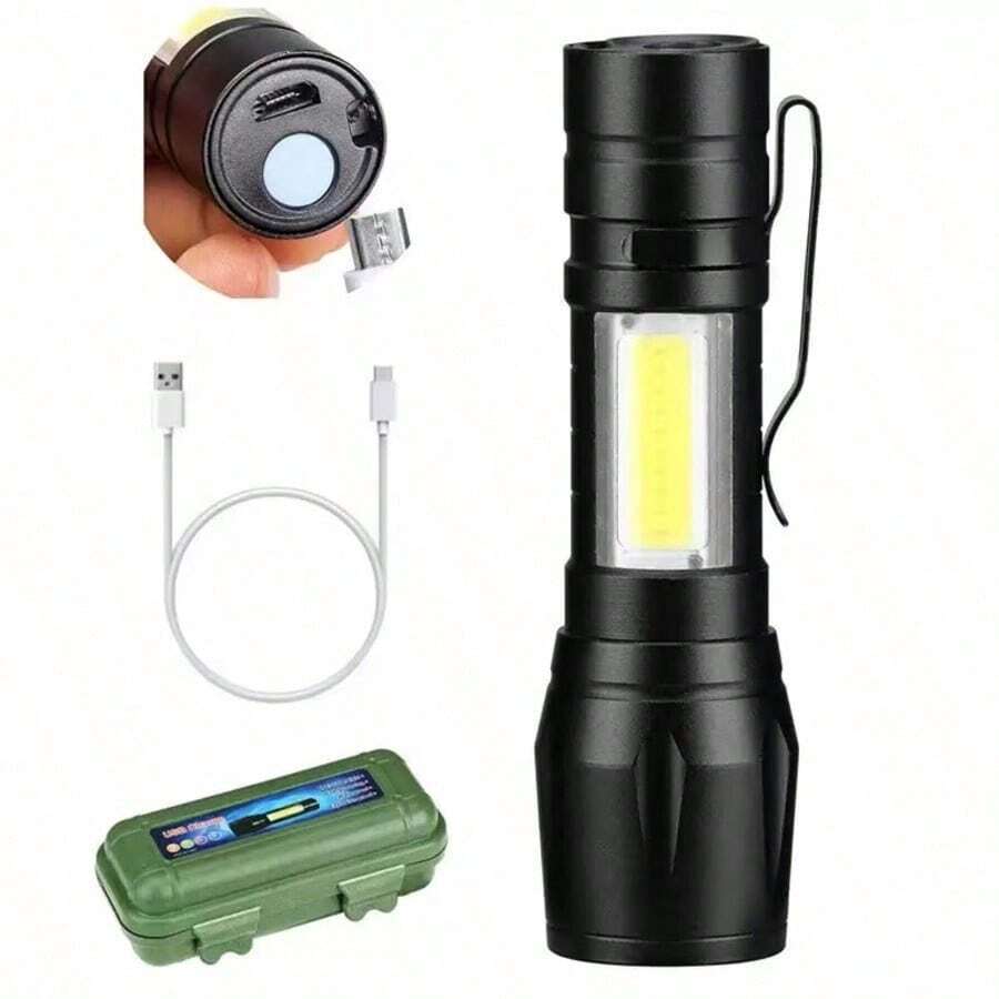 Mini Rechargeable LED Flashlight, Portable USB-Charged Flashlight, High-Power Camping Light, Long-Range Waterproof Mini Aluminum Alloy Flashlight With Side Light, Multiple Operating Modes - Two Lighting Modes - View 1