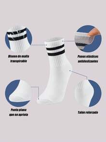 1/5/10 Pairs Men's Classic Double Stripe Black & White Mid-Calf Socks, Retro Collegiate Style, Elastic & Breathable, Versatile Skateboard Socks - White - View 2