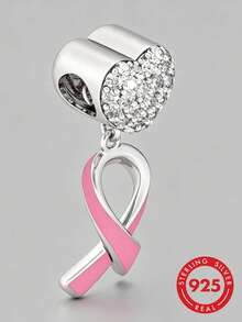 1pc 925 Sterling Silver Pink Enamel Awareness Ribbon Pendant, Fully Paved With Transparent Cubic Zirconia Heart-Shaped Top Spacer Bead, Suitable For European Style Bracelets - Silver - View 1