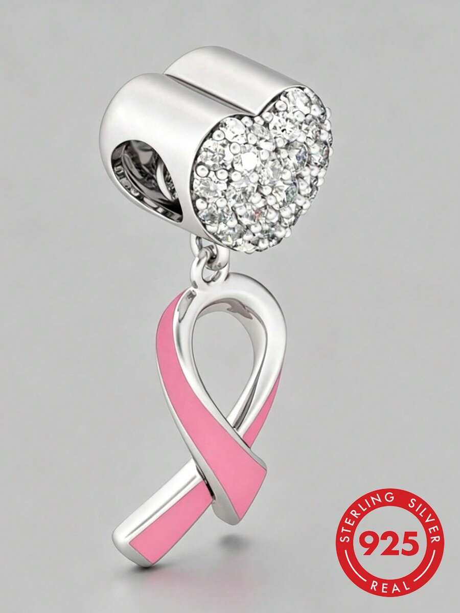 1pc 925 Sterling Silver Pink Enamel Awareness Ribbon Pendant, Fully Paved With Transparent Cubic Zirconia Heart-Shaped Top Spacer Bead, Suitable For European Style Bracelets - Silver - View 1
