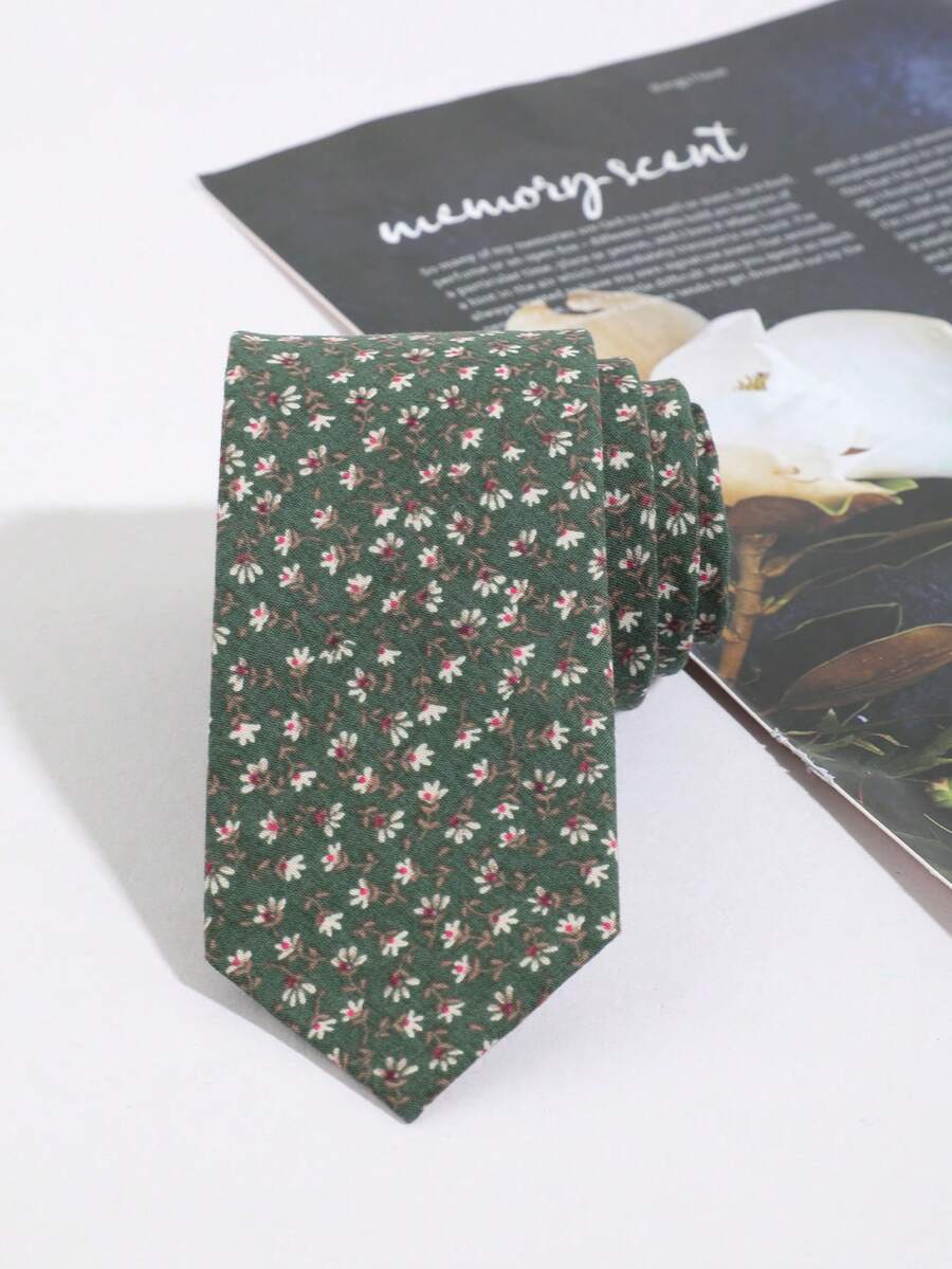 1 buah Dasi Wanita Kasual Serbaguna Motif Bunga untuk Hari Valentine, Dibuat dengan Tangan - Motif bunga hijau gelap, diketik tangan. - View 1