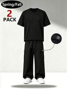 Men's Fashion Solid Color Crew Neck Short Sleeve T-Shirt + Patch Pocket Cargo Pants 2-Piece Set, Elastic Drawstring Casual Outfit - Black - View 10