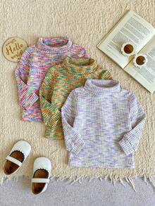 Baby Girls Colorful Polka Dot High Neck Base Layer Top, Soft Waffle Knit Long Sleeve T-Shirt, Mixed Color Ruffled Collar Inner Wear, Autumn/Winter Children's Clothing - Multicolor - View 1
