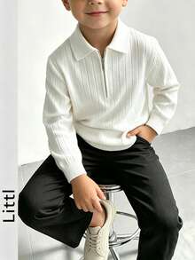 Boys Quarter Zip Ribbed Knit Polo Shirt, Long Sleeve Collared Sweater, Casual Solid Color Fall Winter Kids Tops - White - View 2