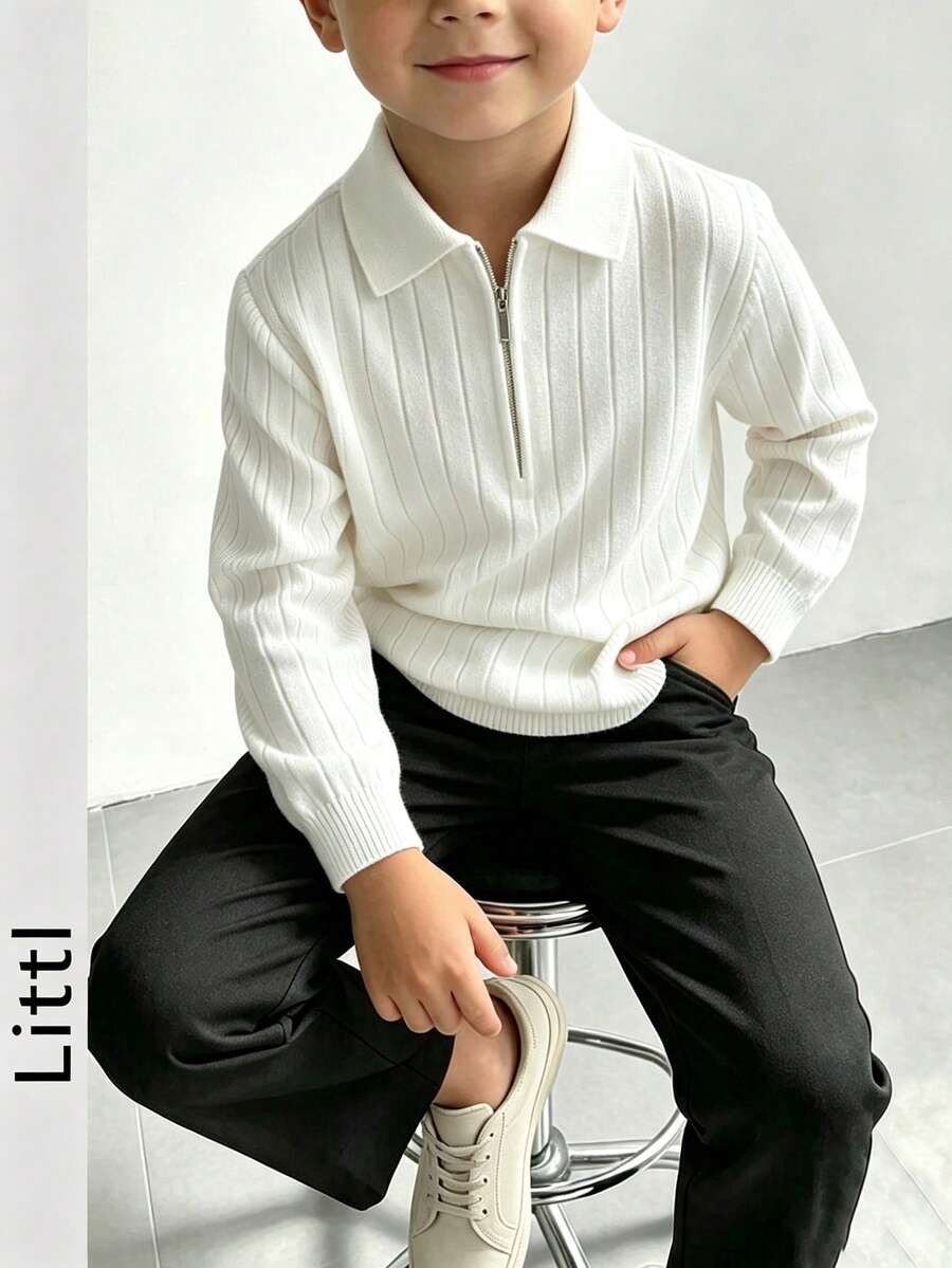 Sweater Polo Rajut Bergaris dengan Resleting 1/4 untuk Anak Laki-laki, Lengan Panjang dengan Kerah Lipat, Atasan Kasual Warna Polos untuk Anak-anak Musim Gugur/Dingin - Putih - View 1