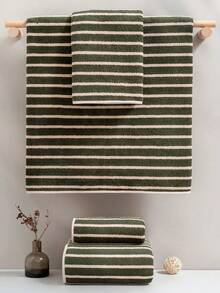 Green Striped Bath Towels Set Of 4 Lighter & Quick Dry Towels 2 Large Bath Towel 1 Hand 1 Bath Farmhouse For Bathroom Decor, Shower, Pool Days - Army Green - View 2