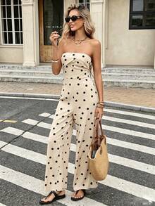 Vintage Vacation Polka Dot Bandeau High Waist Wide Leg Jumpsuit - Apricot - View 1