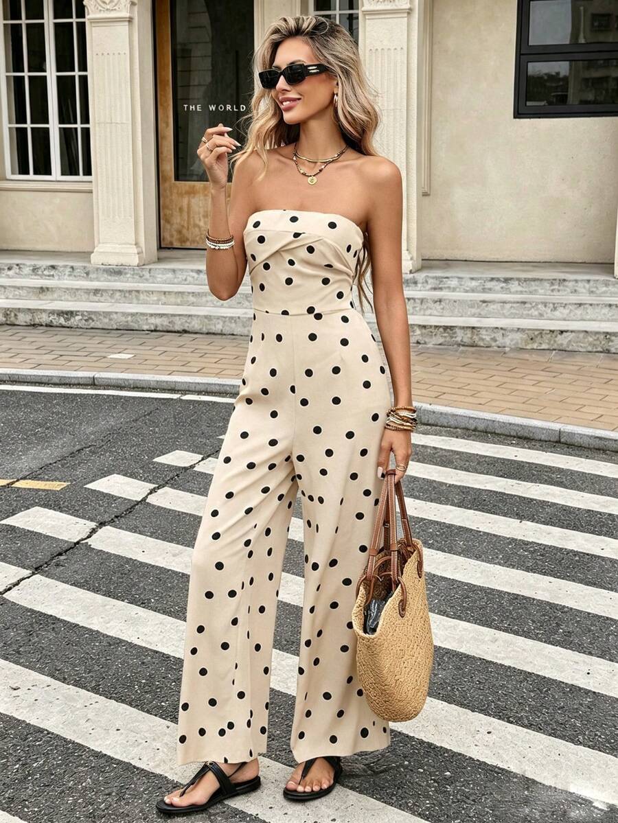 Vintage Vacation Polka Dot Bandeau High Waist Wide Leg Jumpsuit - Apricot - View 1