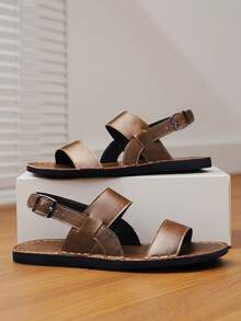 Men's Vintage Business Summer Roman Sandals, 39-48 Size Microfiber Soft Leather Back Strap, Non-Slip Beach Vacation Daily Versatile Sandals - Brown - View 3