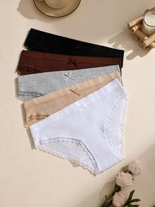 5pcs Solid Color Lace Patchwork Bow Ribbed Cotton Women's Triangle Panties, Bodycon Elastic Comfortable Ladies Underwear - Multicolor - View 5