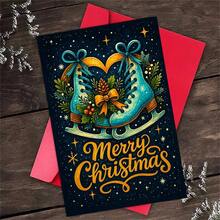 1 Greeting Card + 1 Envelope Elegant Christmas Greeting Card, Ice Skates With Pine Cones Merry Christmas, Suitable For Friends, Winter Holiday Artistic Style Card. - Single Piece - View 2
