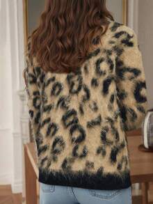 Women's Plush Leopard Print Cardigan, Autumn Long Sleeve Knit Button Sweater - Multicolor - View 6