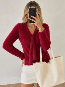 Tie Cutout V Neck Fuzzy Cropped Slim Knit Sweater - Red - View 1