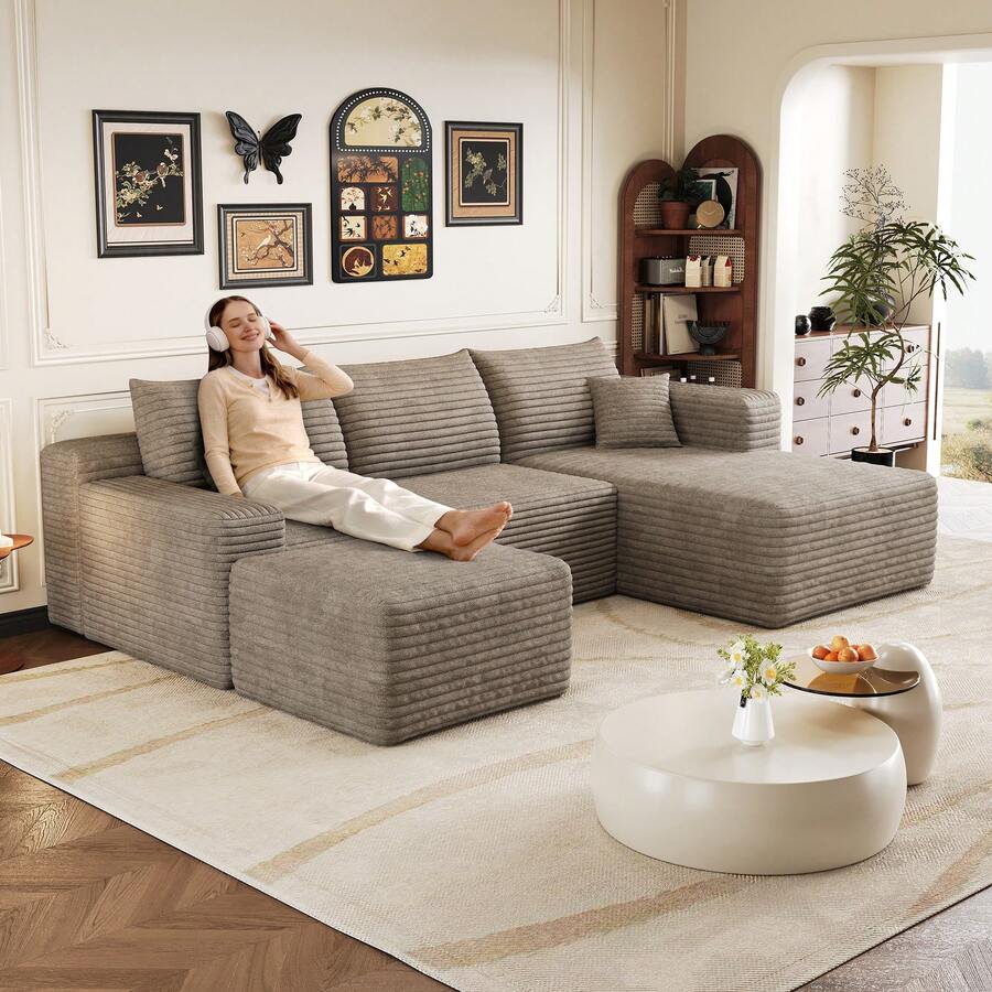 Camel 4 Seat Sofa - Modern L Shape Fabric Sofa For Living Room - 駱駝色 4 人座 - 查看 1