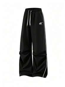 Men's Casual Fashion Long Pants, Sporty Outdoor Patchwork Straight Leg Pants, Couple Matching Style - Black - View 2