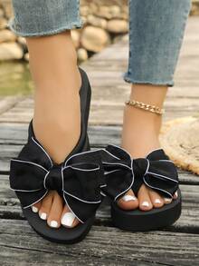 Srendia Dép xỏ ngón nữ mùa hè nơ mới, dép đi trong nhà chống trượt, sandal thời trang đế bệt xỏ chân cho đi biển du lịch - Nơ in họa tiết viền trắng - Xem 12