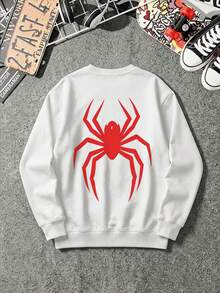 Autumn Men's Thin T-Shirt T-Shirt, Red Spider Print On Front And Back, Long Sleeve, Y2K Style - White - View 4