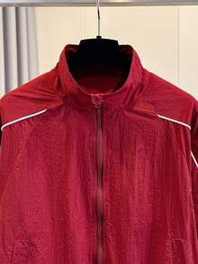 Women's American Retro Red Casual Sports Jacket, Minimalist Street Style, Design-Driven White Stripes, Drawstring Hem, Youthful Fashion, Sports Commute, Daily Versatile - Red - View 8