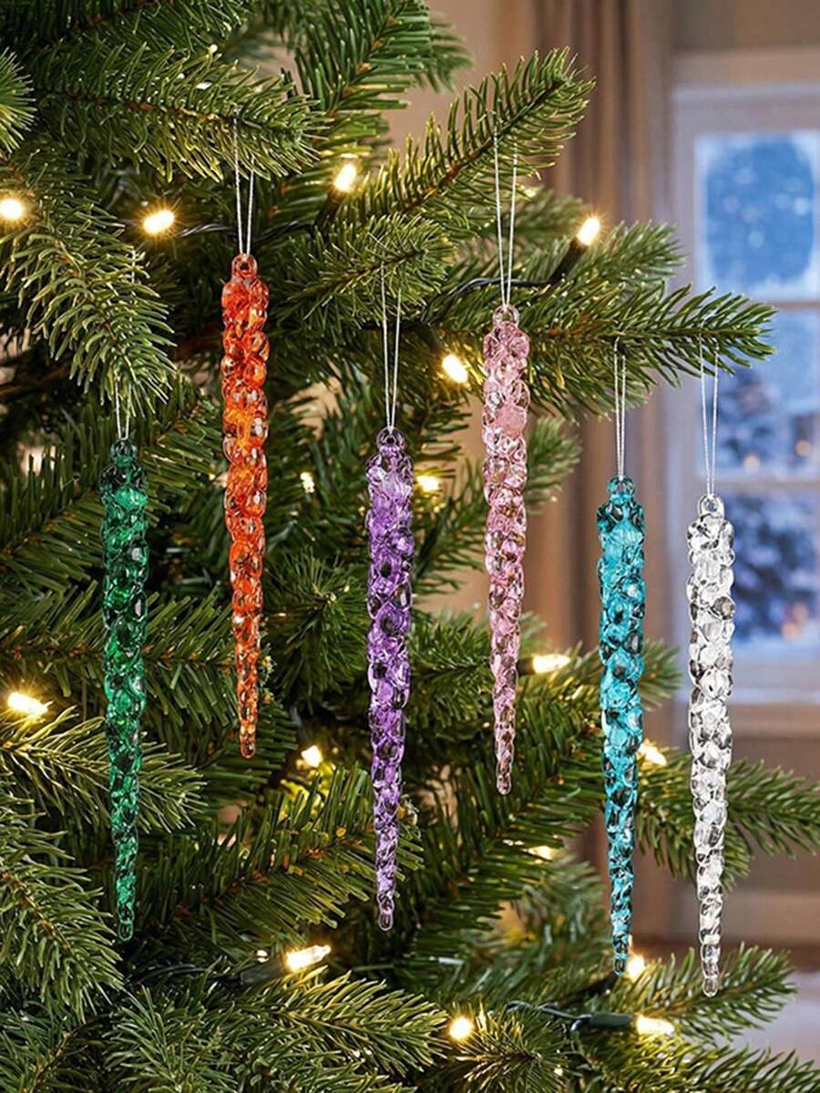 12pcs Clear Acrylic Icicle Hanging Ornaments With String - Rustic Christmas Tree Decor, Hanging Prism Lights, Suitable For Holiday Home Decoration, Tree Ornaments, Holiday Lighting, Theme Party Decor, Christmas Decoration