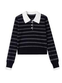 Vintage Striped Knit Sweater Women Long Sleeve Niche Textured Versatile Commute Casual Top Random Cut - Navy Blue - View 4