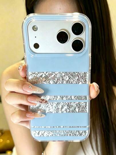 Luxury Laser Sky Blue Stripe Blingbling Asymmetrical Rhinestone Sequin Pattern Phone Case Compatible With IPhone 18 Pro Max 18 Pro 17 Pro Max 17 Pro 16 Pro Max 15 Pro Max 14 Pro Max 13 Pro Max 15 Plus 12 Pro Max 11 Sparkling Soft Back Cover Shell ﻿
